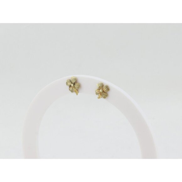 14k Yellow Gold Four Leaf Clover Earrings Stud Post 3/8" x 1/4" - Picture 6 of 9
